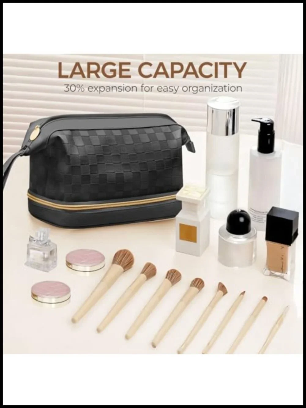 Large Double Layer Travel Makeup Bag with Brush Compartment Waterproof PU